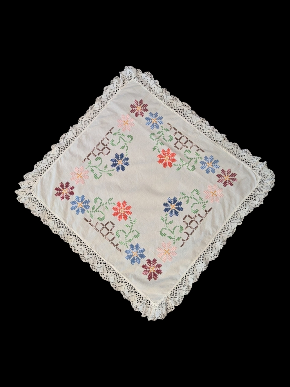 VTG Handmade Square* Floral Cross Stitched W Crocheted Lace Table Topper 25x24*